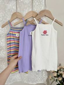 LMoss Kids Baby Girl Knitted Solid Color Striped Floral Pattern Camisole Dress 3pcs Set - Multicolor - View 6