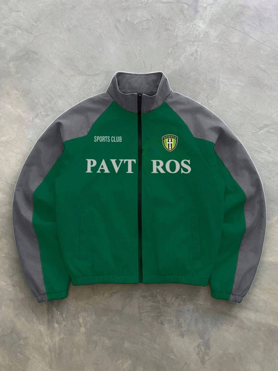 PAVTROS Men's Contrast Color Print Long Sleeve Jacket Coat Football - Green - View 1