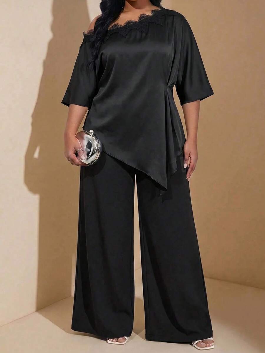 Chikora 大尺碼女款兩件套秋季細肩帶上衣與口袋長褲，蕾絲拼接優雅晚宴婚禮賓客正式黑色秋季套裝