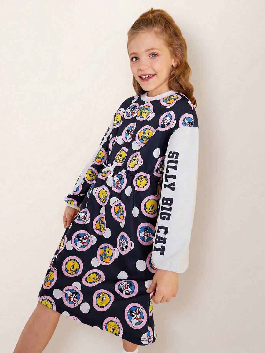 LOONEY TUNES X SHEIN 少女卡通崔弟与达菲鸭字母图案黑色休闲运动舒适束腰长袖睡衣连衣裙 - 彩色 - 查看 1