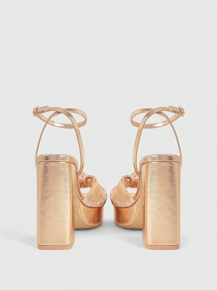 CUCCOO LuxiPop Women Shoes Rose Gold Plaid PU Knotted Design Fashionable And Sexy High Thick Heel Platform Sandals, Suitable For Spring And Summer, Holiday Wear, - Rose Gold - View 5