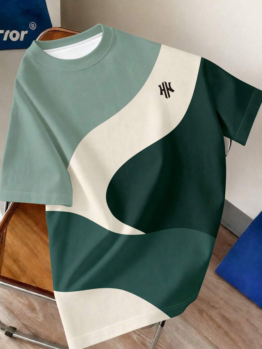 Manfinity Joysei Camiseta casual de verano para hombre con bloques de color y patchwork - Verde - Ver 1