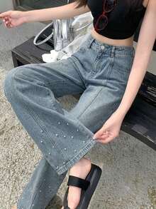 DAZY Women's Loose Casual Denim Jeans With Pocket And Rhinestone Decoration Cute Tops - Dusty Blue - View 1