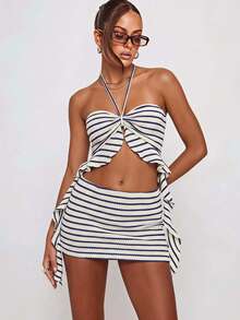 Soleia Women's Summer Casual Sexy Beach Vacation Festival Outfit: Blue And White Striped Knit Ruffled Asymmetrical Hem Camisole And Mini Skirt Set. - Multicolor - View 3