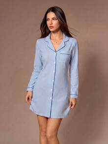 Lazeform Color Block Striped Ruffle Print Lapel Collar Dress, Pajama Shirt Sleep, Blue And White Striped Button Down Pajama Dress For Women - Blue and White - View 1