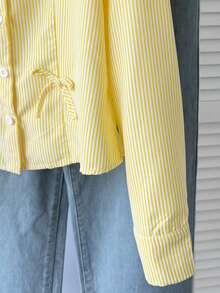 SHEIN Tween Girl Elegant Spring/Summer Woven Bow Decor Striped Shirt, Can Be Worn As Inner Layer Or Outer Layer - Yellow - View 11
