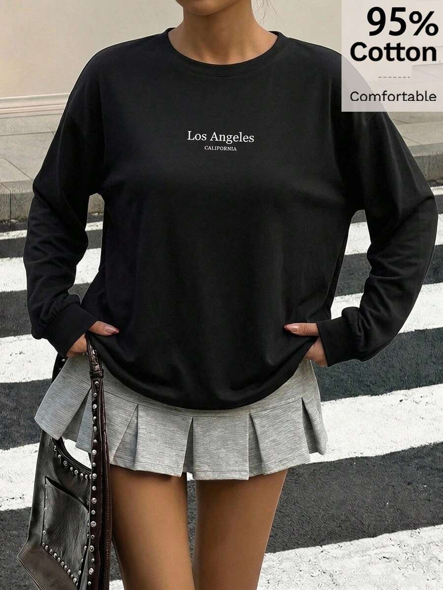 Muchica 95%棉女款休閒極簡長袖T恤,秋冬衣飾,寬鬆版型,街頭風,適合日常通勤、約會、聚會,秋冬夏季,聖誕節、新年、感恩節、派對、婚禮、海灘、畢業典禮,時尚優雅休閒,適合外出約會、通勤 - 黑色 - 查看 1