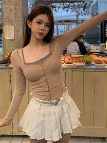 DAZY 素色修身 2 合 1 休閒度假夏季女款 T 恤 - 杏色 - 查看 5