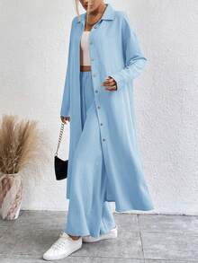 Louniche Conjunto de dos piezas de camisa larga y pantalones largos de unicolor - Azul - Ver 7