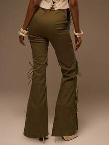 MUSERA Green Denim Lace Up Front Flare Trousers - Dark Green - View 4