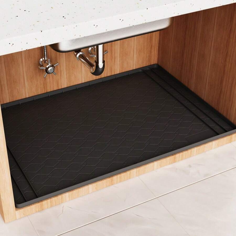 1pc Silicone Under Sink Mat, Kitchen Waterproof & Oil-Proof Protector Mat, Multi-Use Silicone Tray For Bathroom, Pet Feeding, Tools, Under Cabinet Storage & Countertop Protection - Black - View 1