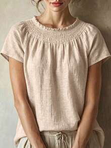 Weeklong Vintage Beige Shirred Sleeve Shirt, Elasticated Neck Ruffle Detail, Linen-Blend Pastoral Top, Plus Size Spring Summer Resort Wear Vacation Beach Chic - Khaki - View 1