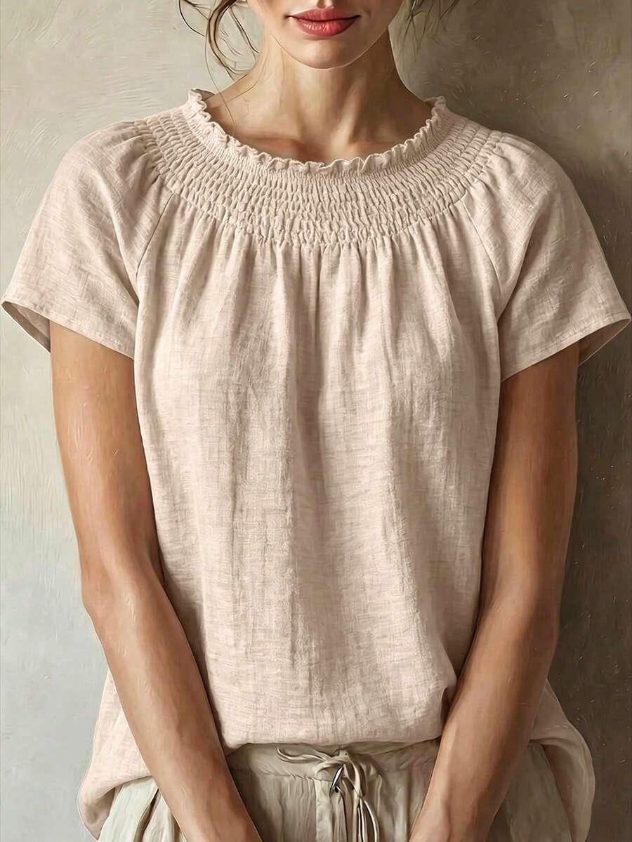 Weeklong Vintage Beige Shirred Sleeve Shirt, Elasticated Neck Ruffle Detail, Linen-Blend Pastoral Top, Plus Size Spring Summer Resort Wear Vacation Beach Chic - Khaki - View 1