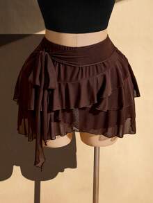 SHEIN ICON Plus Size Retro Sexy Casual Millennial Style Y2K Bohemian Multi-Layer Ruffled Side-Strap Chocolate Brown Mesh Skirt Date Night Autumn Fall - Brown - View 3
