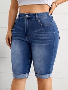 SHEIN Tall CURVE Plus Size Women's Casual Versatile Daily Denim Shorts With Pockets And Buttons - Blue - View 5