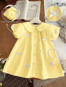 SHEIN Babygirl 可爱黄色彼得潘领蝴蝶结短袖连衣裙，夏季 - 黃色 - 查看 3