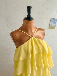 Soleia Nouvelle robe longue élégante et romantique pour invitée de mariage, couleur unie, dos nu, volants multicouches en mousseline, bohème, boho, floral romantique, vacances, fête florale, rendez-vous, Saint-Valentin, Pâques, carnaval, thé de l'après-midi, plage, croisière, vacances, rue de la ville, vacances - Jaune citron - Voir 6