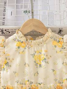 Elladie kids 2025新款春夏女童玫瑰印花無袖花卉泡泡洋裝，仙女風優雅後拉鍊日常通勤百搭甜美俏皮可愛公主裙 - 黃色 - 查看 6
