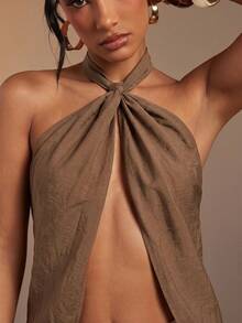 Hauture Women's Sexy Abstract Print Halter Neck Backless Linen Top - Brown - View 5