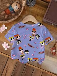 THE POWERPUFF GIRLS X SHEIN 女婴休闲卡通印花上衣，夏季 - 白色 - 查看 2