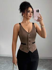 Selianne 女款對比色單排扣休閒百搭日常外出上衣 - 棕色 - 查看 1