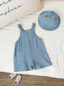 SHEIN Unisex Newborn Baby Boy/Girl 100% Cotton 2pcs Spring/Summer Cute Little Lion Design Crinkle Fabric 3D Shorts Suspenders And Hat Set, Baby Rompers, Baby Summer Outfit, Baby Summer Clothes - Dusty Blue - View 2