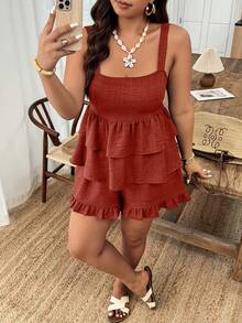 Weeklong Women's Plus Size Spring/Summer Casual Camisole Ruffle Hem Top And Ruffle Hem Pants 2-Piece Set, Suitable For Vacation And Daily Wear - Rust Brown - View 5