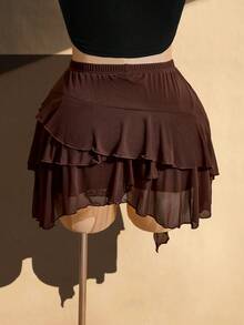 SHEIN ICON Plus Size Retro Sexy Casual Millennial Style Y2K Bohemian Multi-Layer Ruffled Side-Strap Chocolate Brown Mesh Skirt Date Night Autumn Fall - Brown - View 2