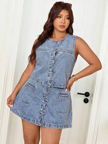 Lounesse Plus Size Solid Color Front Button Sleeveless Vest And Denim Skirt 2-Piece Set Summer Elegant Vacation Beach Wedding Graduation Going Out Ruffle Blue - Blue - View 4
