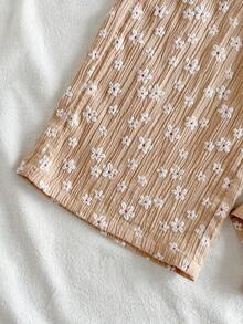 SHEIN Vintaside Kids 少女雛菊圖案荷葉袖上衣與長褲可愛兩件套 - 卡其色 - 查看 11