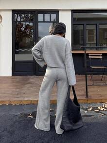 Women's Petite Black 3D Embroidery Detailed Round Neck Bell Sleeve Pullover And Wide Leg Sweater Pant Two Pieces Outfit Set - Grey - View 2