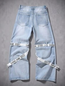 Manfinity Denimwave 男士字母印花飾帶裝飾水洗破舊口袋拉鍊牛仔褲 - 淺色水洗藍 - 查看 2