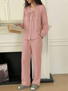 DAZY Sweet Fresh Light Blue All Cotton Gathered Ruffle Design Loose 2pcs Women's Pajama Set - Baby Pink - View 6