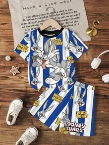 LOONEY TUNES X SHEIN 2件套男童可爱条纹圆领短袖T恤和休闲短裤套装 - 白色 - 查看 6