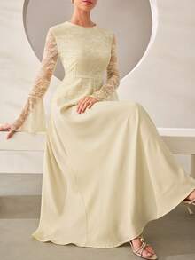 Graceveil Waist-Cinching Fitted Elegant Elegant Flared Solid Color Daily Women's Arabian Dress - Yellow - View 8