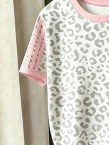 Teen Girls Pink Contrast Collar Pink Striped Pattern Grey Leopard Print All-Over Print Shorts Set Suitable For Outings Street Casual Daily Basic - Multicolor - View 4