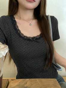 DAZY 女款韓式圓領波點優雅青春短袖蝴蝶結襯衫 夏季可愛上衣 - 灰色 - 查看 3