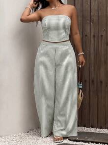 Sunnyshic Conjunto casual de dos piezas para mujer talla grande con top bandeau a rayas y pantalones de pierna ancha - Verde - Ver 7