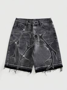 ROMWE MEN Street Life Pantalones cortos de mezclilla con adornos de cristal de imitación para hombres - Gris - Ver 1