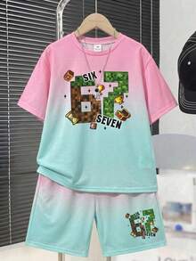 SHEIN 兒童青少年男童新款休閒極簡Y2K迷你世界漸層紮染數字67經典時尚酷感運動風寬鬆舒適圓領短袖T恤，適合春秋夏季通勤、上學、日常休閒出遊與運動 - 粉色 - 查看 2