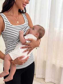 Slowluna 孕婦條紋圖案哺乳背心上衣 - 白色 - 查看 4