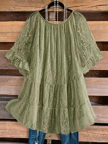Rusticease Plus Size Women's Green Lace Large Scoop Neck Ruffle Sleeve Fashion Top - Green - View 2