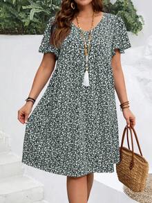 EMERY ROSE Vestido de vacaciones de verano con mangas con volantes y estampado floral pequeño para mujer de talla grande - Verde Oscuro - Ver 5