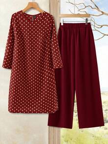 Rusticease 2pc Set Plus Size Women's Summer/Fall Casual Wine Red Polka Dot Round Neck 3/4 Sleeve Side Slit Long Top And Wide Leg Pants Set With Pockets,Autumn - Burgundy - View 8
