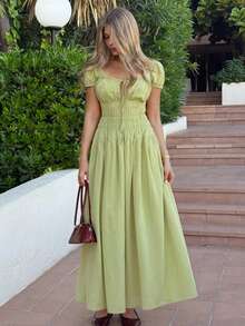 Joudiya Frühling & Sommer Grünes Midi-Kleid mit französischen Blütenärmeln, elegant tailliert, geeignet für Valentinstag, Hochzeit, Party, Pendeln, Sommerkleid - Avocadogrün - Übersicht 3
