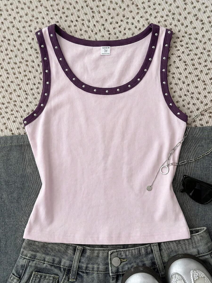 SHEIN Tank Top & Camis Anak Perempuan Remaja Musim Panas Terbaru Putih Bergaris Dekorasi Kancing Leher U Pas Badan - MultiWarna - View 1