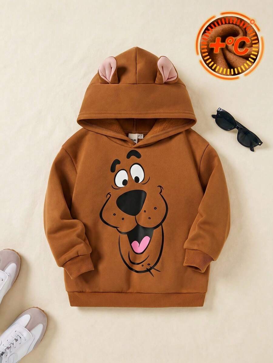 LOONEY TUNES X SHEIN Young Boy Cartoon Dog 3D Ear Applique Loose Fit Drop Shoulder Fleece Sweatshirt, Autumn/Winter Fall - Coffee Brown - View 1