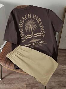 Manfinity Joysei Men's Fitted Brown Knit Top And Khaki Woven Shorts Set - Brown - View 2