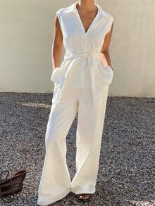 Livesso Women's Sleeveless V-Neck Belted Top And Loose Long Pants Denim Set - White - View 3