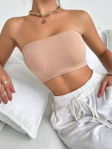 SHEIN 1 pieza Ropa interior cómoda sin tirantes de unicolor para mujer - Albaricoque - Ver 5